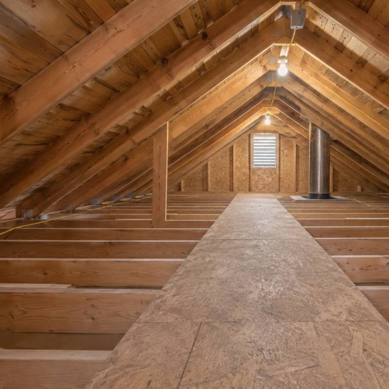 Empty attic with a plywood walkway down the middle, bare ceiling joists, a gable vent and a single hanging bulb
