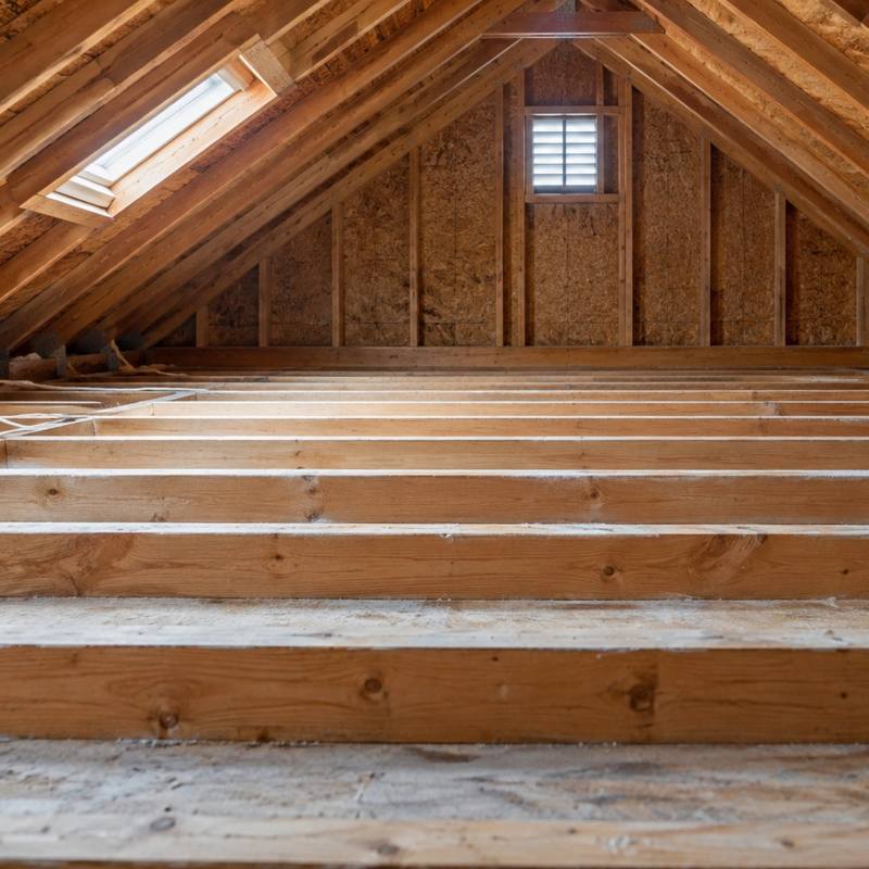 Attic stripped to bare ceiling joists after the old insulation was taken out, with a skylight, a gable vent and a metal flue pipe
