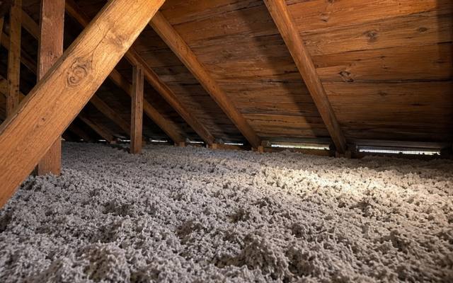 Thick grey loose-fill insulation covering an attic floor beneath diagonal wood bracing and roof boards