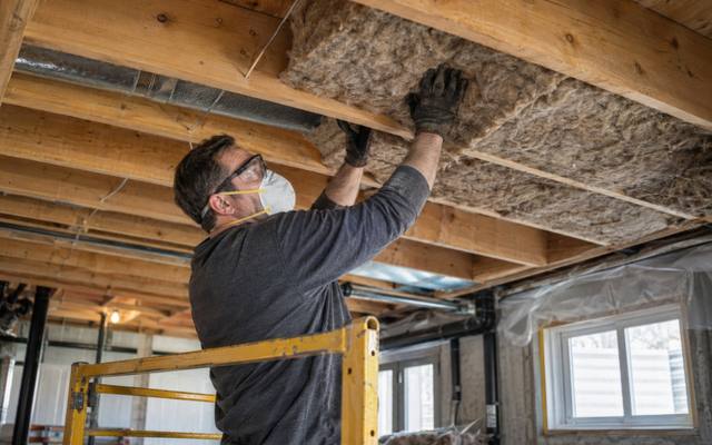 Worker on a yellow scaffold pushing insulation batts into the joists overhead in an unfinished room